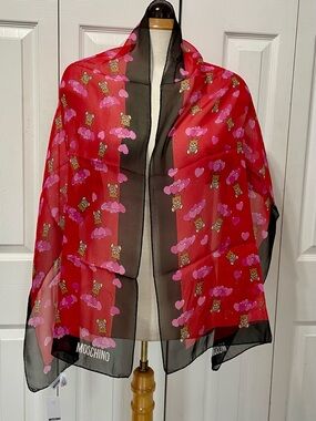 Moschino Red & Black Teddy Heart Silk Scarf